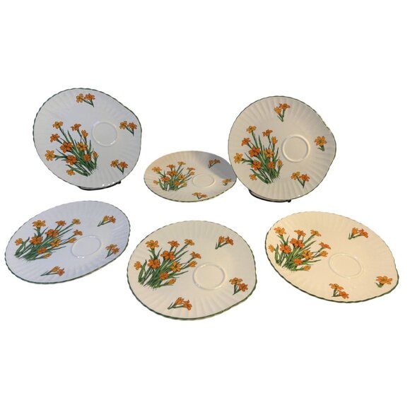 Crown Staffordshire DEVON Set-6 Orange Floral Fine Bone China Snack Plates - Picture 2 of 9
